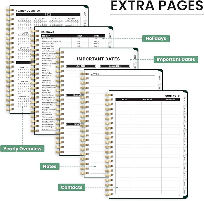 2026 Planner, Weekly and Monthly Calendar Planner for Women, Jan 2026 - Dec 2026, Hardcover Planning Agenda book with Tabs, Spiral Bound, Inner Pocket, Perfect for School Office Supplies, 6.3" x 8.5" - Verdant Bloom