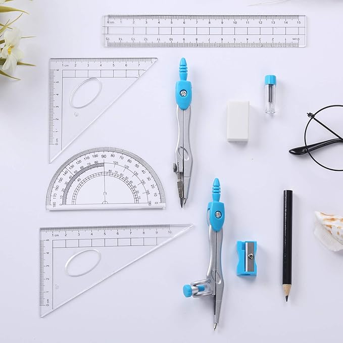 Vobou Math Geometry Kit Sets 10 Piece Student Supplies with Shatterproof Storage Box,Includes Rulers,Protractor,Compass,Eraser,Pencil Sharpener,Lead Refills,Pencil,for Drafting and Drawings（Blue）