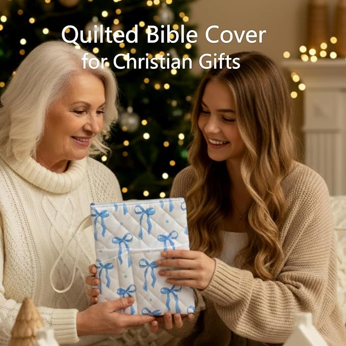 Gilprop Blue Bow Bible Book Sleeve with Zipper 11" x 9" Padded Protector Washable Quilted Book Covers Printed Bible Pouch with Handle Pockets Protector for Books Lover Christian Gifts