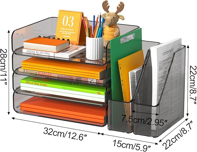 FANXIYQ 4-Tier Brown Acrylic Paper Tray Organizer with Bookends, Large Clear Stackable Letter Tray Organizer for Desk, Acrylic File Organizer & Office Paper Storage, 12.6" Wide Desktop Organizer