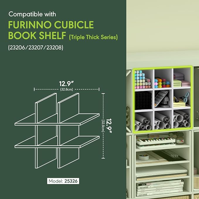 Furinno Cubicle Cube Insert, 9-Compartment Cube Organizer, Geometric Shelf Accessory, Fits into Furinno Triple Thick Cubes, IKEA Kallax, for Organizers and Storage, White
