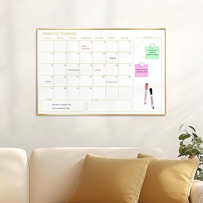 Large Dry Erase Calendar Whiteboard for Wall, 36'' x 24'' Monthly White Board Planner with Gold Frame, Magetic Hanging Wipe Board for Home Office School Dorm