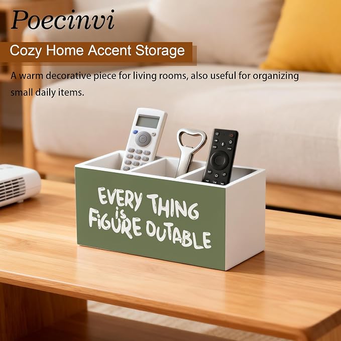 Olive Green Inspirational Pen Holder for Home Office Desk, Everything Is Figureoutable Positive Affirmations Wooden Box Sign Pencil Holder for Desk Shelf Organizer