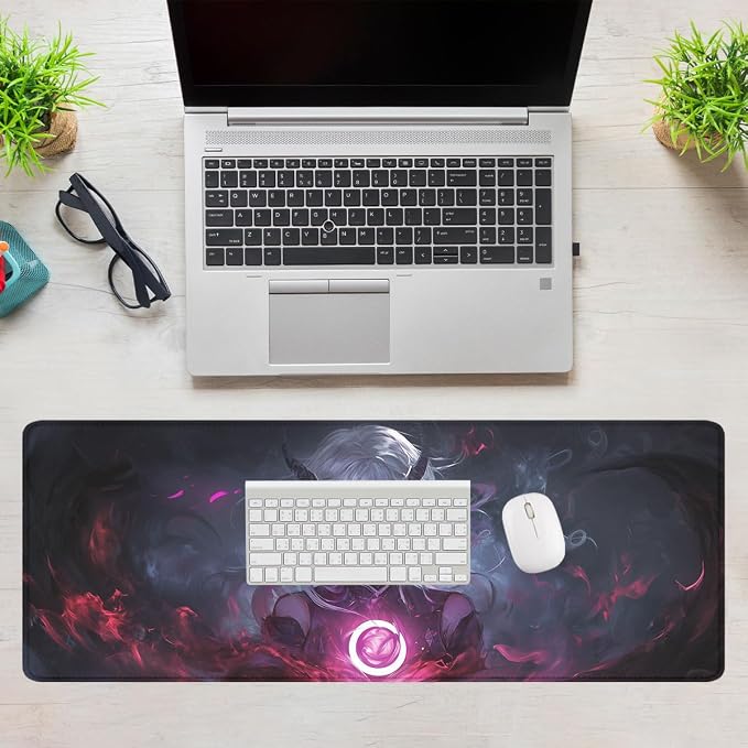Dark Anime Desk Pad Mouse Pad White Hair Demon Girl Magic Extended Mousepad Mat with Stitched Edge Non-Slip Base Big Mousepad Office Computer Keyboard 31.5"x11.8"