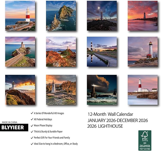 2026 Wall Calendar Lighthouse, 12 Months Hangable Wall Calendars, 12" x 24" (Open), Thick Glossy Paper, Organizing & Planning