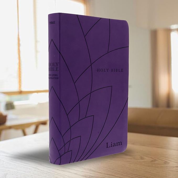 Personalized NLT Bible Faux Leather New Living Translation Bible Small Print Size with Petal Design | Custom with Name, Date or Text | Gift for Religious Celebrations | Purple