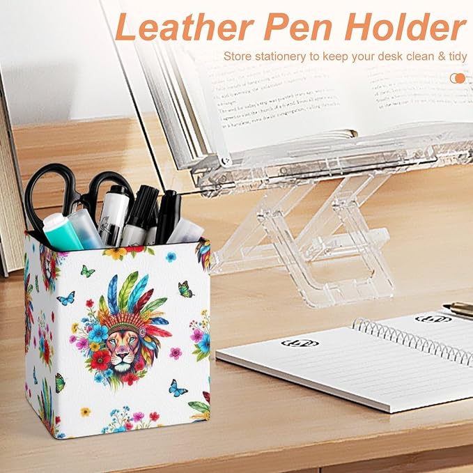 Holder Cup Makeup Brush Storage Organizer, Waterproof Multifunctional Office Supplies, Pen Holder Square Leather Pencil Colorful Lion Flowers Floral White Art