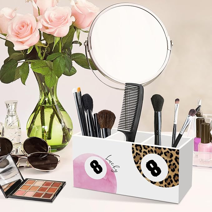 Preppy Funky Lucky 8 Ball Pen Pencil Holder for Desk, Preppy Office Desk Accessories, Trendy Pink and Leopard Print Ball Pen Holders Organizer for Girls Classroom Bathroom Makeup Brush