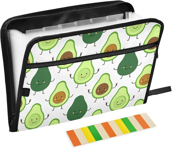 Cartoon Avocado Characters 13 Pockets Expanding File Folder with Sticky Labels Accordion File Folder Document Organizer Letter Size A4 Papers Expandable File Keeper