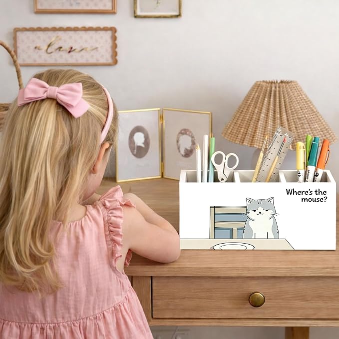 Funny Cat Pen Holder, Desk Organizer, “Where’s the Mouse?” Cute Cat Desk Storage for Pens, Pencils, Markers, Scissors – Great Gift for Kids, Cat Lovers, Students, Teachers