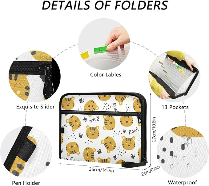 Tiger Head Face File Folders,Plastic Folders with 13 Pockets,Expandable File Folder for Documents School Students Office,Aesthetic Folder with Labels A4 Letter Size