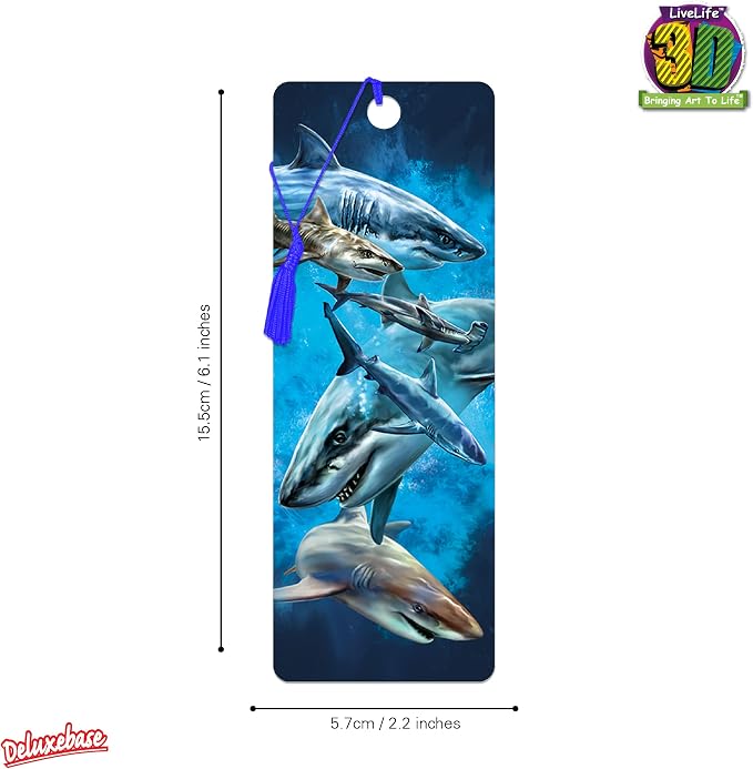 3D LiveLife Bookmark - Shark Swim from Deluxebase. Cute Lenticular Shark Page Marker. Animal Themed Accessories for Book Lovers. Small Gifts for Men, Women, Writers and Teachers.
