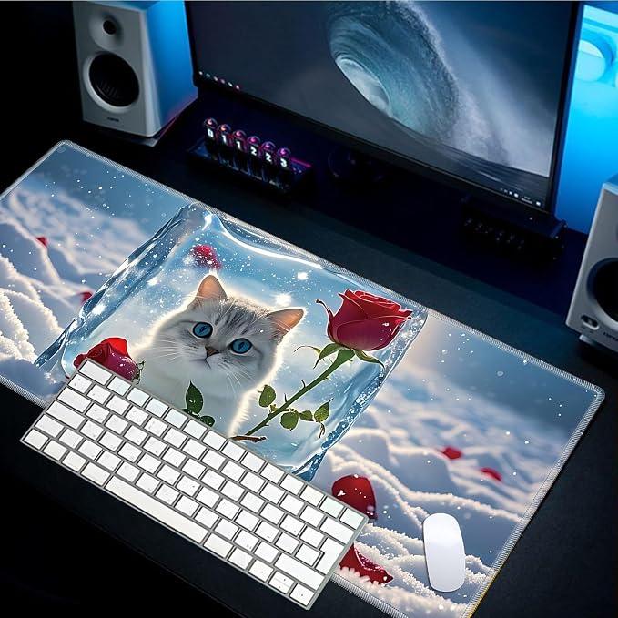 Mouse Pad Gaming Mousepad 31.5x11.8 Inch XXL Large + Coasters,Desk Mat with Stitched Edges, Non-Slip Rubber Base, Thick Mouse Pad for Computer, Laptop, Office & Home - Ice Cube Rose Cat