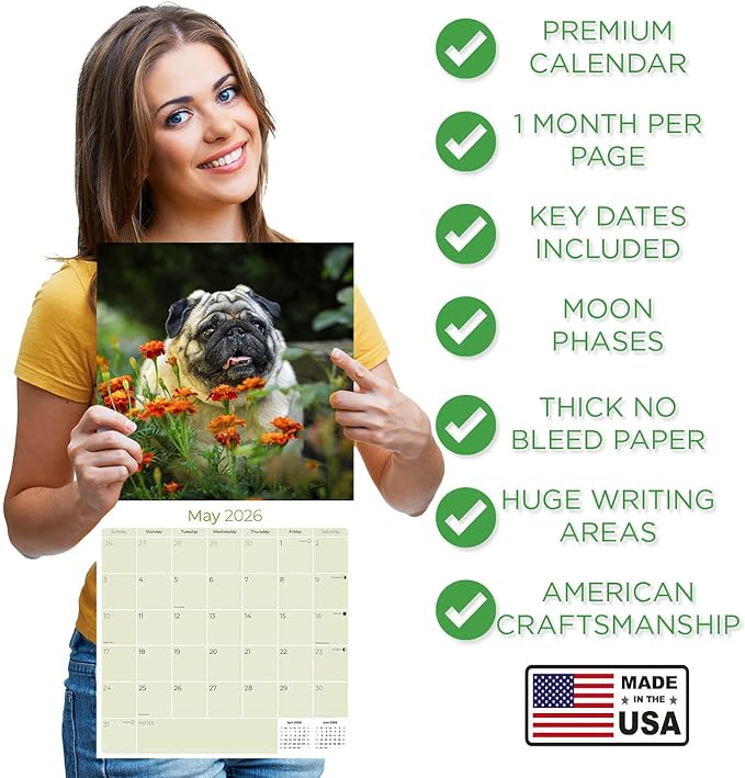 Pug Calendar 2026 by MegaCalendars – Monthly Dog Breed Wall Calendar, Made in USA