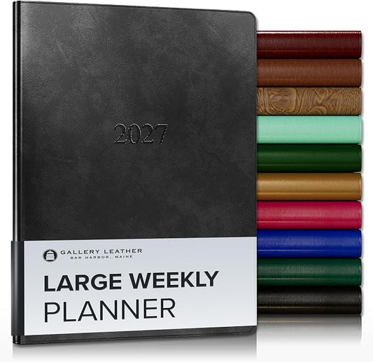 Gallery Leather Large Weekly Monthly Planner 2027, Elegantly Bound Calendar Planner and Notebook with Stylish Gold-Gilded Page Edges, 12 Months - Acadia Black - 9.75x7.5"