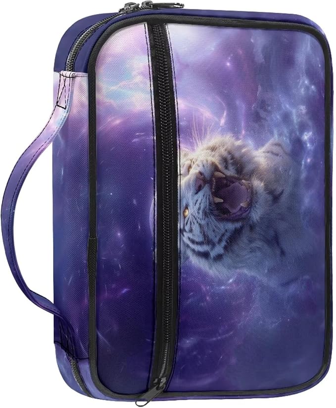 Tiger & Galaxy Print Bible Covers for Women & Men, Bible Organizer Carrying Case with Zippered Pocket Bible Protective Bag, Purple