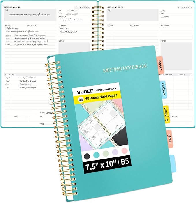SUNEE Meeting Notebook for Work with Action Items - 160 Pages, B5 Size Project Planner, Spiral Meeting Agenda/Minutes Notebook Organizer for Women Men, Note Taking, Office & Business, 7.5"x10", Teal