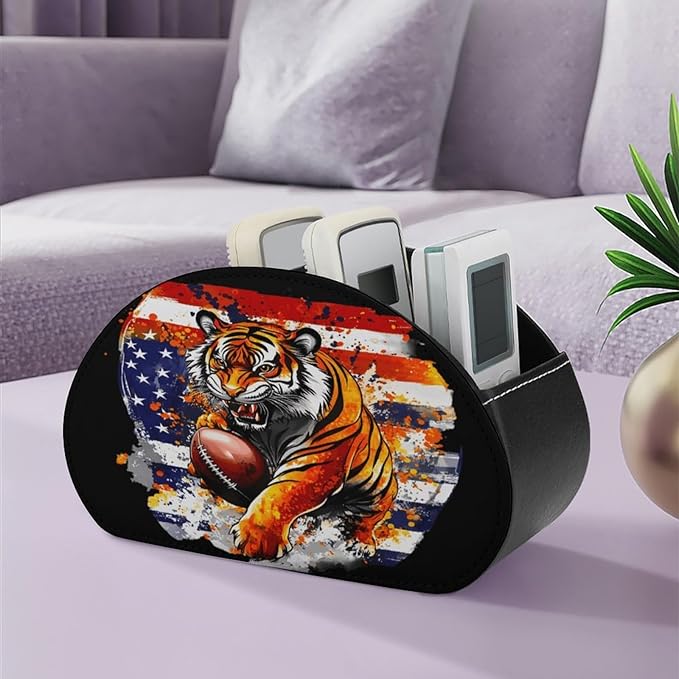 Tiger American Flag Remote Control Holder with 5 Compartment PU Leather Multi Functional Desk Storage for TV Remotes Office Supplies