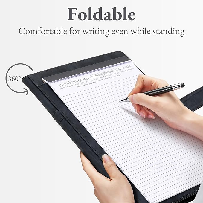 Mymazn Padfolio Portfolio Binder, Faux Leather Interview Resume Folder with Document Organizer & Business Card Holder, Letter-Sized Notepad Legal Pad Holder for Women Men (Black)