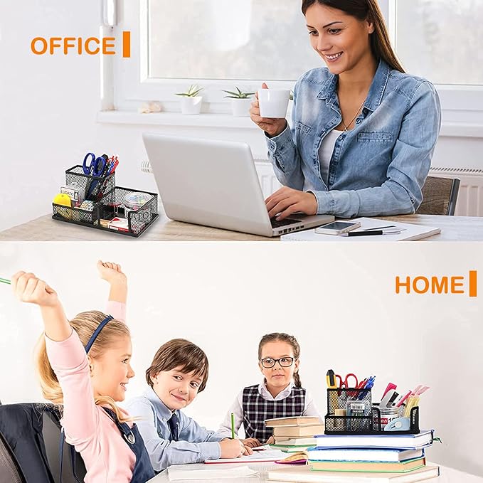 Pen Holder for Desk, Desk Organizers Set-3 Compartments Mesh Pencil Holder with Pencil Pen Cup and Paper Clip holder, Desk Accessories for Marker Craft, Ideal Office School Supplies(3 pack, Black)