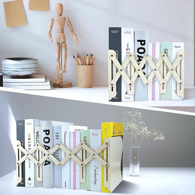 Adjustable Bookends, 19 inches 2 Dividers Heavy Duty Metal Book Holders, Book Storage Rack, Desk Organizer Magazine File Holder for Office, School, Bookstore and Home, Beige
