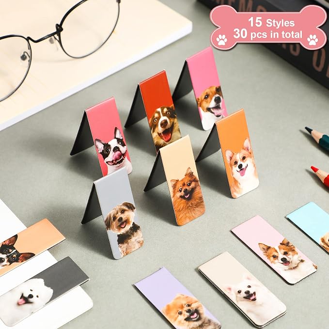30 Pcs Magnetic Dog Bookmarks Cute Puppy Magnet Bookmark Clips for Reading Men Women Kids Teacher Book Lovers Gifts, Unique Personalized Bookmarks Bulk Pretty Funny Novelty Page Markers for Dog Lovers