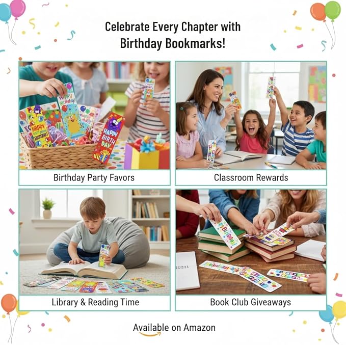 Bold & Bright Multicolor Birthday Cardstock Bookmarks - 2" x 6" (Pack of 48) - Colorful & Fun Design - Perfect Party Favors & Keepsakes