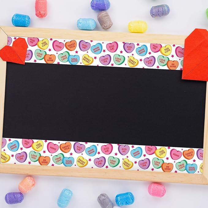 JarThenaAMCS 66Ft Valentine's Day Bulletin Board Border White Conversation Heart Rolled Self Adhesive Colorful Heart Border Trim Stickers for Classroom Office Chalkboard Party Decor