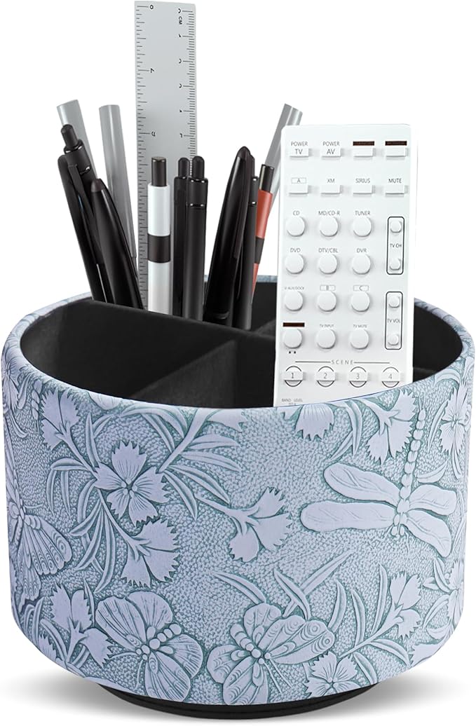 Round Leather Art Supply Organizer,Remote Control Holder,360-degree Rotating Pen Organizer with 4 Compartments(1-Butterfly Blue)