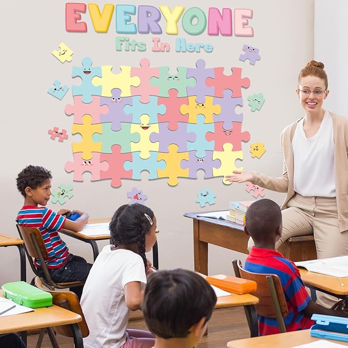 Pastel Welcome Bulletin Board Classroom Decoration Macaroon Puzzle Pieces Cutouts Bulletin Board Set for Wall Art Back to School Decor Educational Teacher Student Supplies Class Home Door Decoration