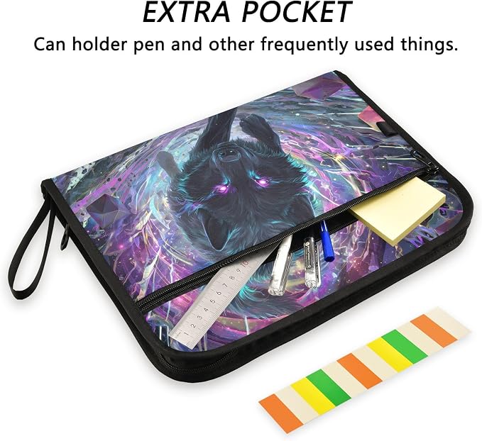 Expanding File Folder Black Wolf Purple Eyes Galaxy Accordion File Organizer 13 Pockets Document Organizer with Zipper Labels A4 Letter Office Storage