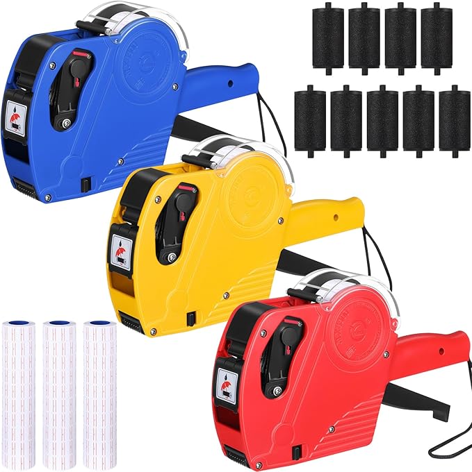 Dunzoom 3 Pack 8 Digits Price Tag Gun Label Pricing Gun Kit with 12000 Labels & 9 Ink Rollers for Retailer Supermarket Grocery Store Food(Red, Blue, Yellow)