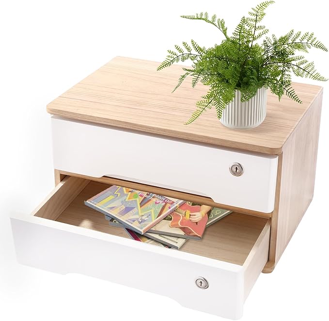 Lockable Desk Organizer Wooden Desktop Drawers Office Flat Files Storage Box Locking Countertop Storage Cabinet (Wood Color + White, 2-Tier)