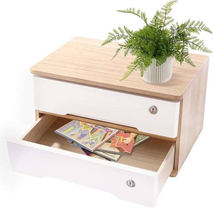 Wooden Desktop Storage Box with Lockable Drawers, Flat File Cabinet Drawer Desktop Storage Box, Countertop Storage Cabinet for Office Home Toiletries Supplies Vanity (natural wood+white, 2 Drawer)