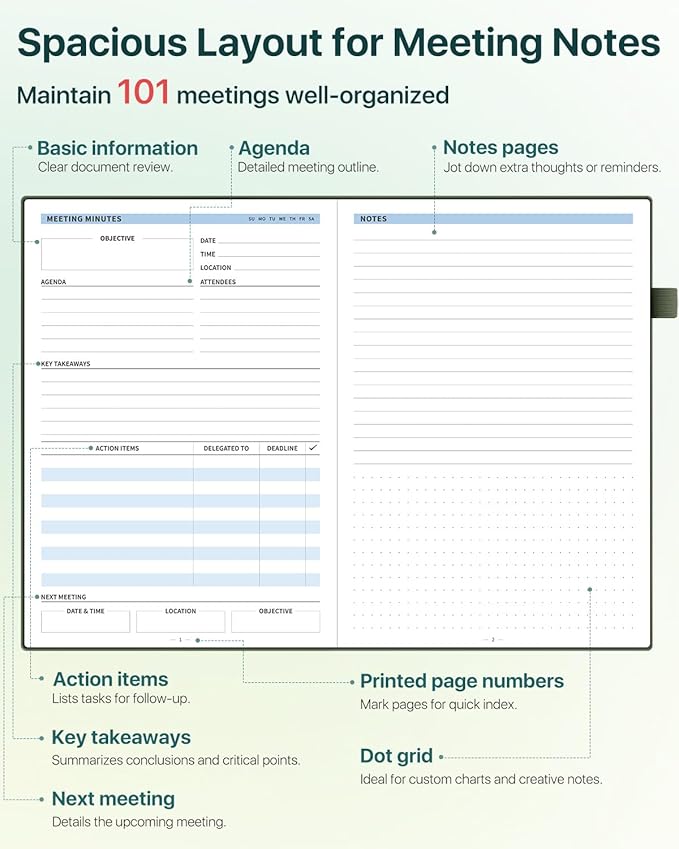 WEMATE Meeting Notebook for Work, Work Planner Notebook With Action Items, Easily Take Meeting Notes & Keep Agendas on Track, Calender, Index Page, Inner Pocket, 7×10 Inch, Olive Green