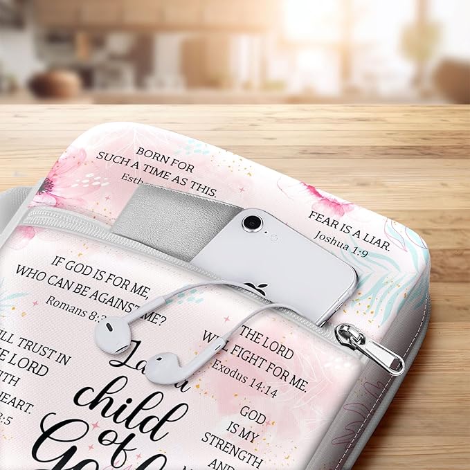 I Am A Child Of God Bible Cover for Women, Floral Scripture Bible Case with Handle and Zipper Pocket, Christian Bible Bag for Girls, Fits Standard Size, Church Gift for Faith and Prayer