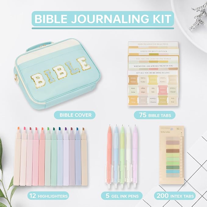 Bible Cover Case for Women Bible Study Supplies Bible Journaling Kit Large Preppy Chenille Letter Bible Tote Bag Carrying Case Christian Gifts for Girls (Blue, Large)
