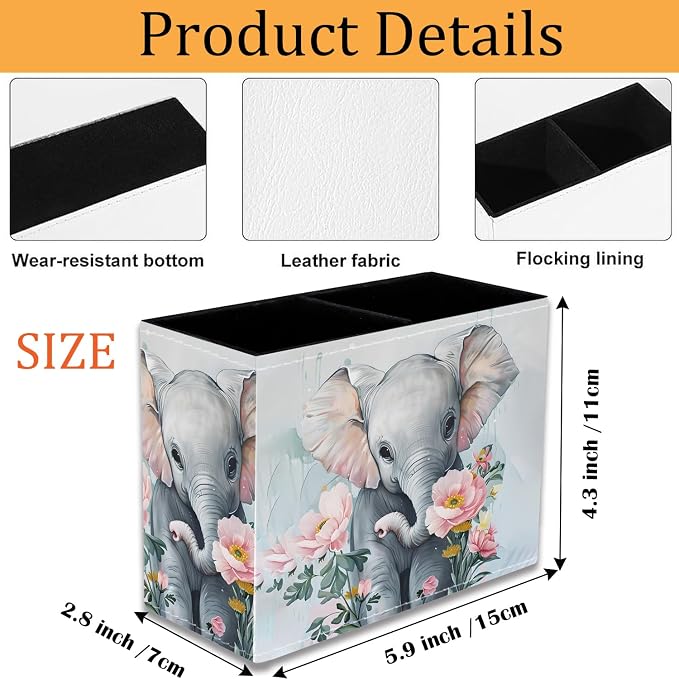 Pen Holder for Desk, PU Leather Multifunctional Desktop Storage Box and Anti-Slip Mouse Pad Set, Makeup Brush Holder Pen Organizer for Office and Home - Little Elephant Flower