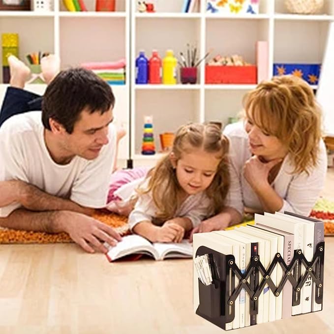 Book Ends for Shelves,Metal Bookends,Book Ends Scalable with Pen Holder(Black)
