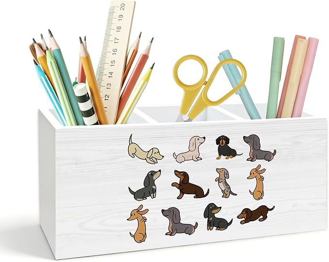 Dachshund Pen Holder for Desk, Weiner Dog Gifts for Women Men, Dachshund Lovers Gifts Wooden Box Pencil Pen Holder Organizer for Home Office Desk Accessories