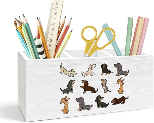 Dachshund Pen Holder for Desk, Weiner Dog Gifts for Women Men, Dachshund Lovers Gifts Wooden Box Pencil Pen Holder Organizer for Home Office Desk Accessories