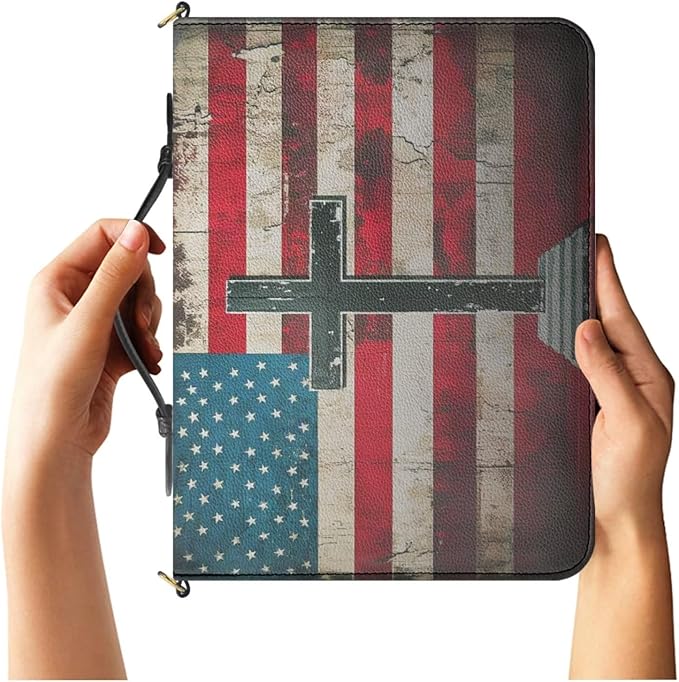 PU Leather Bible Covers for Men, Large Bible Bag with Strap and Handle, God Bless America Vintage Print Biblia Protecto with Inner Pockets and Pen Loop, Christian Gifts for Men