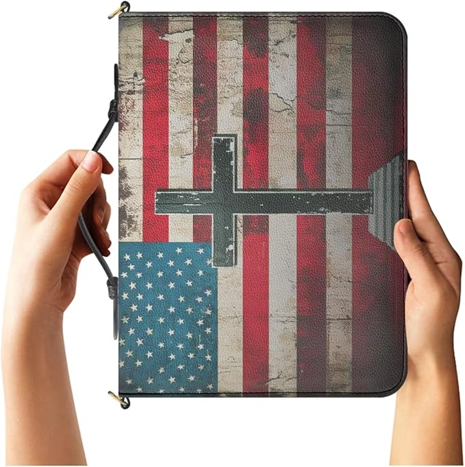 PU Leather Bible Carrying Case for Men, Medium Bible Cover with Strap and Handle, God Bless America Vintage Print Book Organizer with Inner Pockets and Pen Loop, Biblia Study Supplies