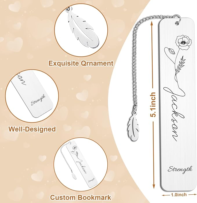 Personalized Bookmarks for Women Book Lover Custom Birth Flower Bookmark with Name Birthday Gifts for Reader Kids Cute Bookmarks for Mom Daughter Girlfriend Valentines Graduation Christmas Gifts