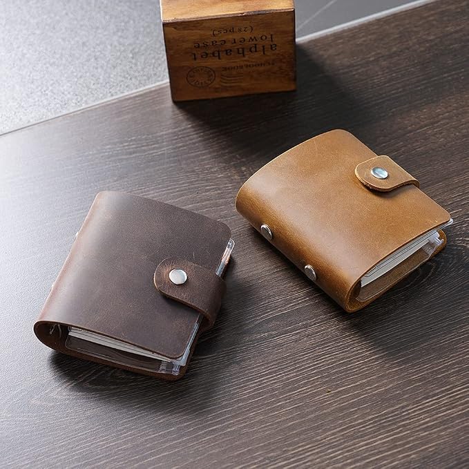 A9 Genuine Leather Journal, Coffee Handmade Leather Pocket Size Binder Planner, Mini Vintage Leather Planner, 120 Sheets Pages, Loose Leaf 3-Ring with Snap Button Closure (Coffee)