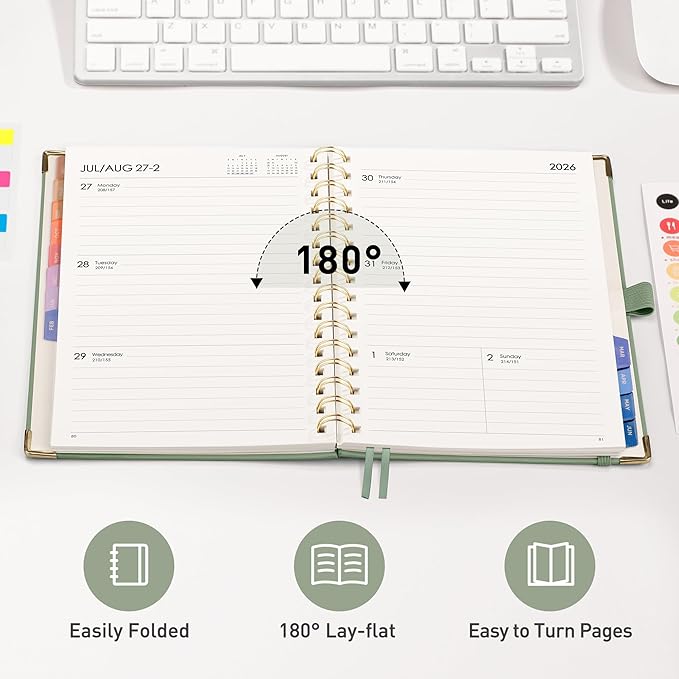 RETTACY Academic Planner 2026-2027, Weekly and Monthly, July 2026 - June 2027, Medium Size (5.7" x 8.3"), Calendar, Agenda, 12-Month Tabs, Hardcover, for Student, Teacher, School (Light Green)