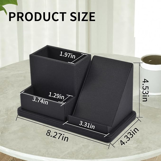 Pu Leather Desk Pen/Pencil Organizer Multi-Function Cell Phone/Remote Control Storage Box with 3 Compartments Office Supplies Sticky Note Tray Business Cards Holder,Black