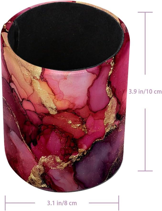 Leather Pen Holder for Desk, Pink Marble Makeup Brushes Holder Pencil Cup Multifunctional Desktop Organizer Caddy for Home School Office Desk Accessories