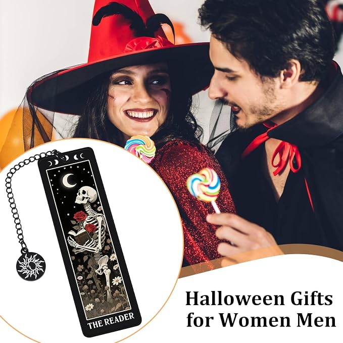 Skeleton Tarot Metal Bookmark - Funny Horror Gothic Bookmark Skull Tarot Card Bookmarks for Book Lovers Girls Halloween Spooky Basket Stuffer for Women Boo Basket Stuffers College Dorm Room Essentials