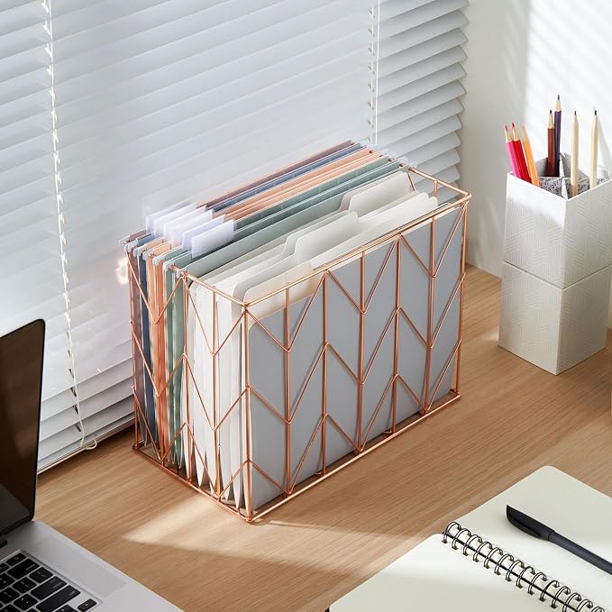 Y YOMA Hanging File Organizer, Letter Size Rose Gold Metal Desk File Crate Storage Basket for Home Office, 1 Pack, with Morandi Folder Combo